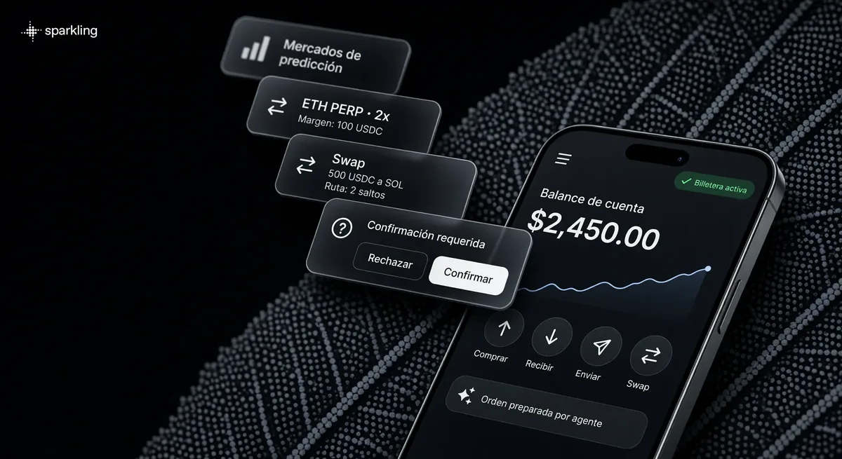 Teléfono inteligente en perspectiva y cascada de tarjetas de interfaz sobre fondo de semitono azul grisáceo mostrando operaciones y balance en autocustodia.