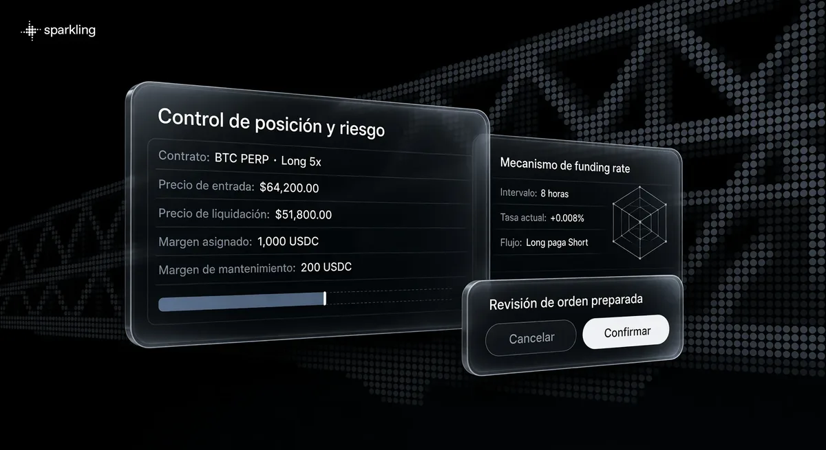Panel detallado de gestión de riesgo y cálculo de liquidación para posiciones apalancadas en futuros perpetuos crypto.