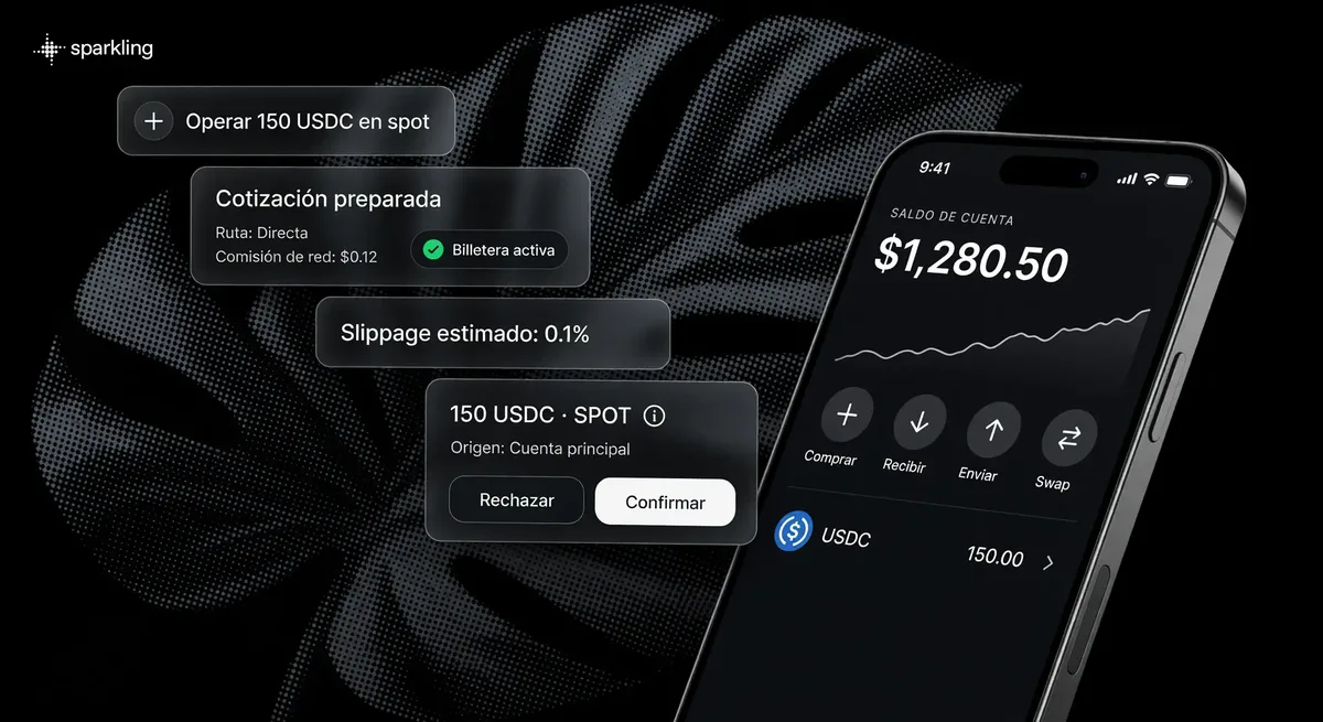 Interfaz de trading para principiantes en Sparkling mostrando cotización de orden spot, confirmación manual y saldo en billetera sobre fondo halftone.