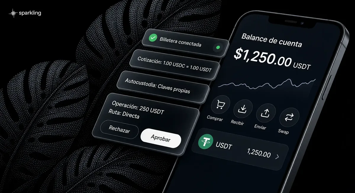 Interfaz de billetera digital con balance en USDT y tarjetas flotantes de confirmación sobre fondo tramado de puntos.